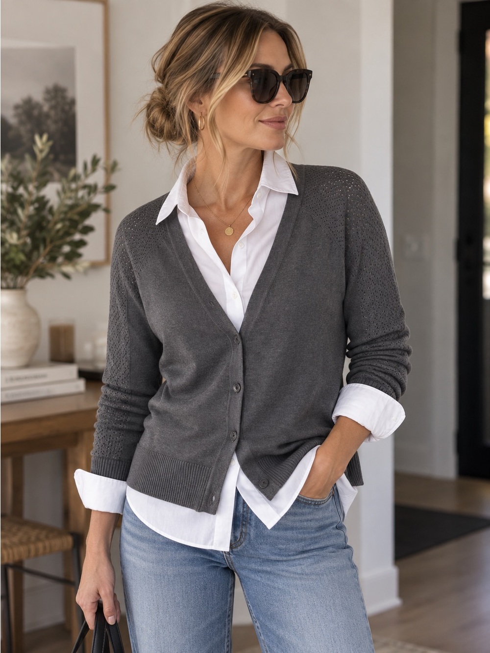 Reitmans Grey Openwork Sleeve Button Front Cardigan Size XL